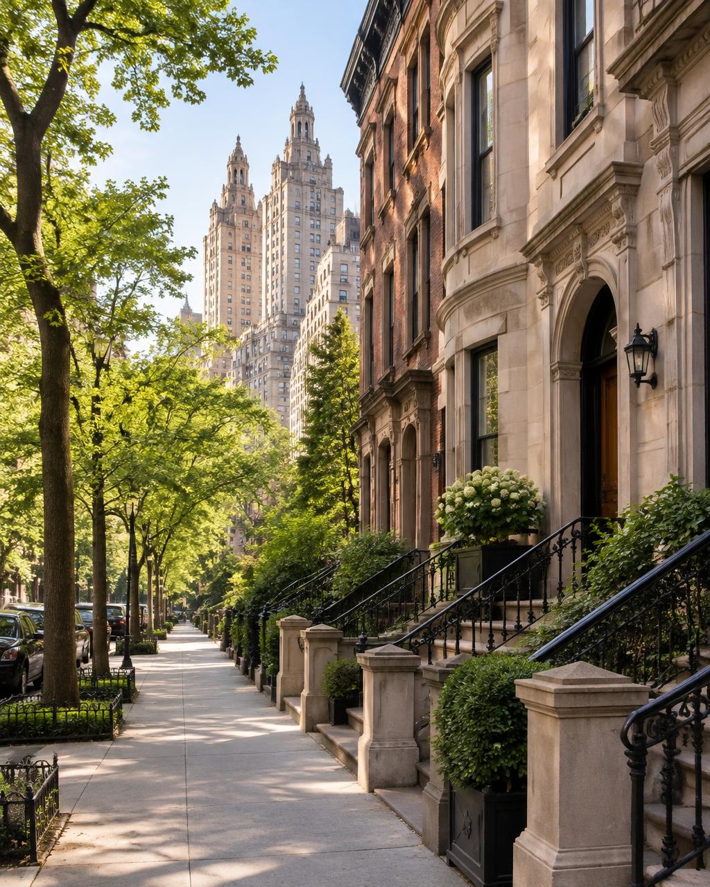 A tree-lined New York City street with elegant townhouses