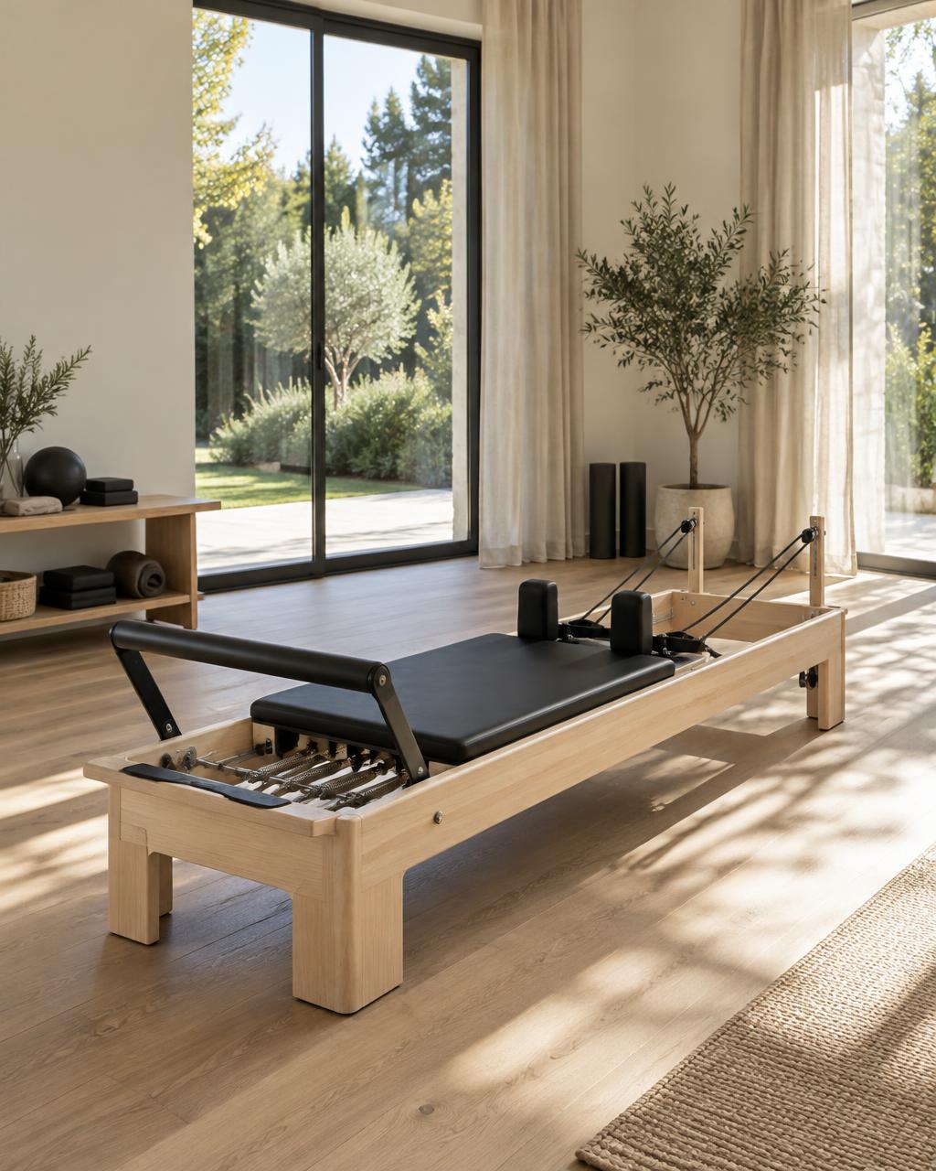 A wooden Pilates reformer in a bright, garden-facing studio