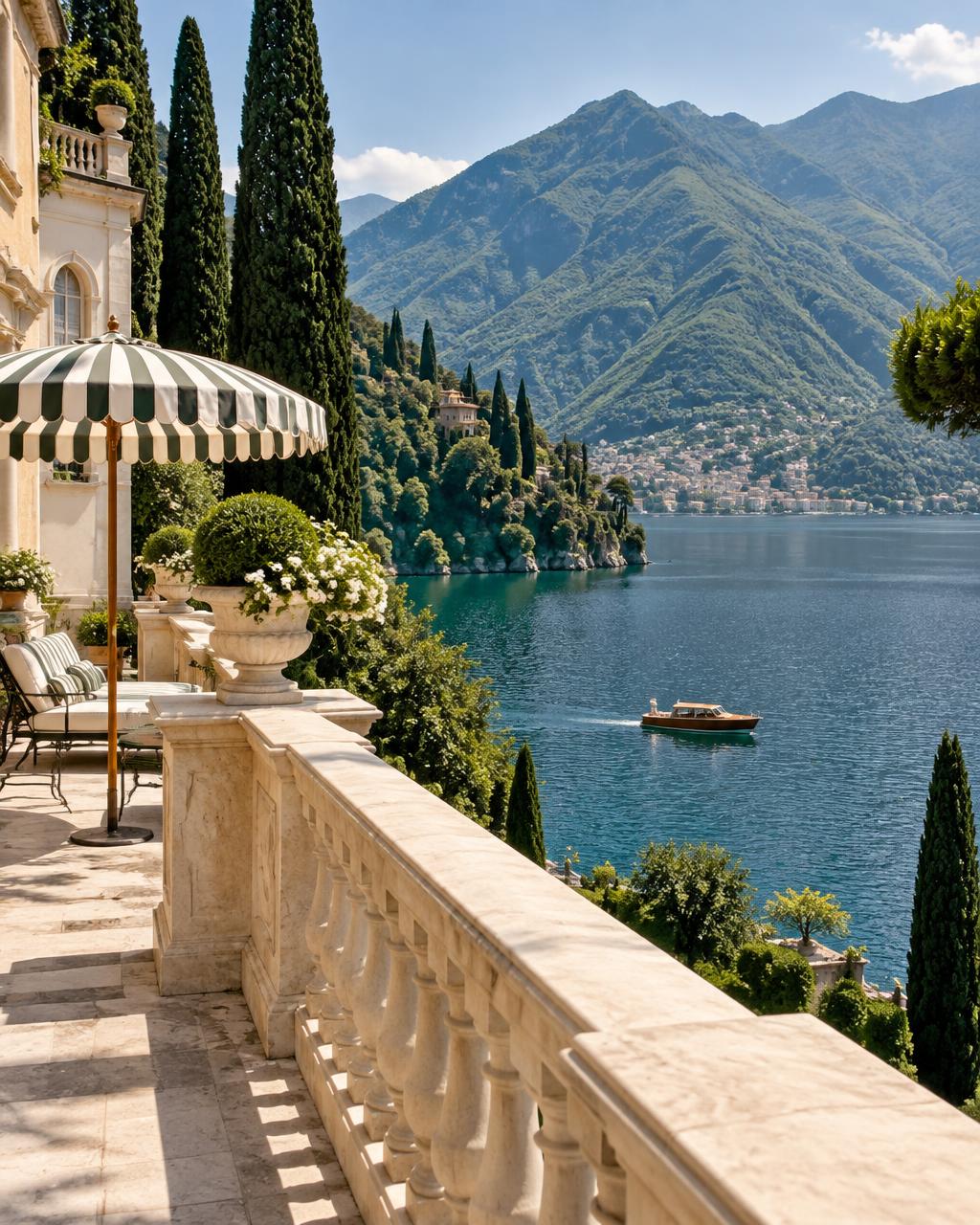 An elegant terrace and wooden boat on Lake Como